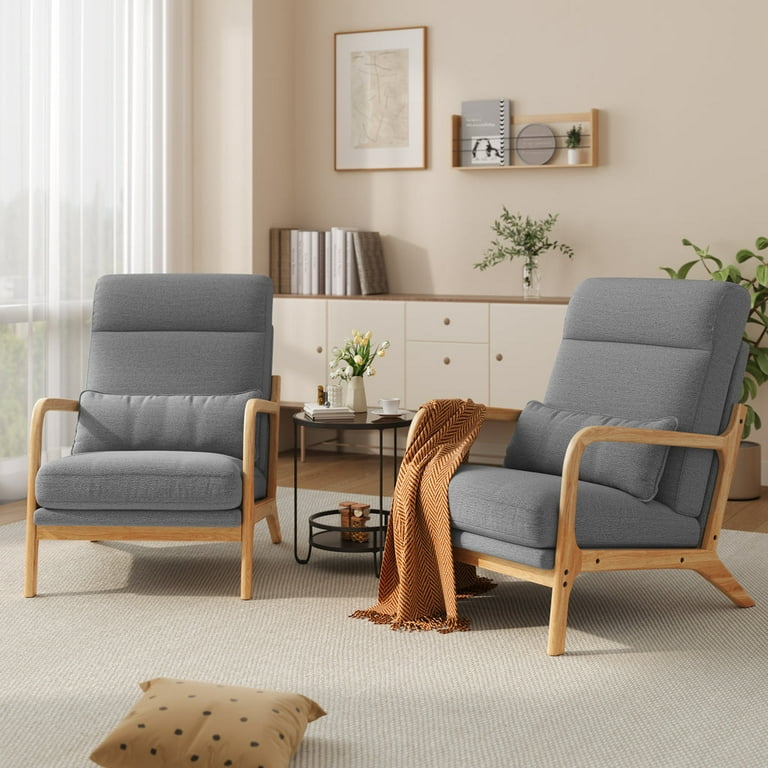 Aiho Mid-Century Modern Accent Chair, Solid Wood Arm Chair with