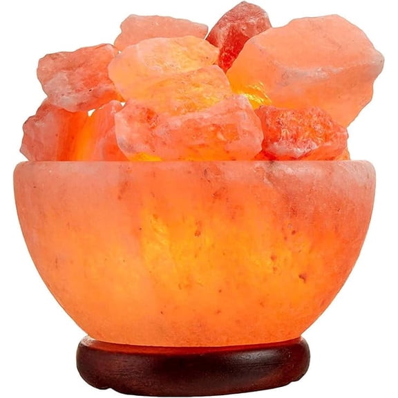 Zestiq Foods Himalayan Pink Rock Salt Fire Bowl Lamp with Natural Crystal Chunk Stone & Dimmer Cord, Wood Base, Night Light