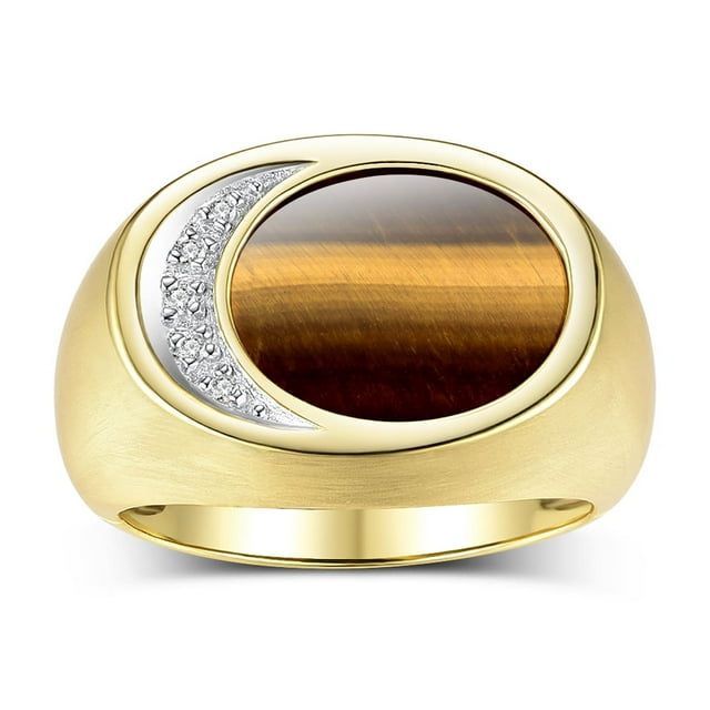RYLOS Men's Designer Ring: 14K Yellow Gold with Tiger Eye and Diamonds - Gold Rings for Men Size 8