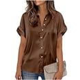 thumbnail image 5 of POIUYTR Women Summer Satin Silk Shirts Business Ruffle Collared Short Sleeve Button Blouses Work Office Casual Solid Color Tops, 5 of 6