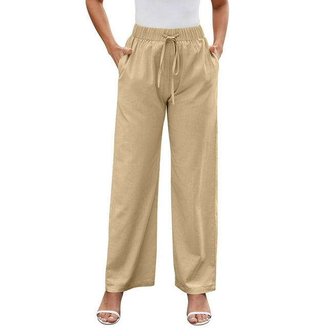 Timegard Womens Wide Leg Pants Elastic High Waisted Drawstring Solid Color Lounge Pants with Pockets