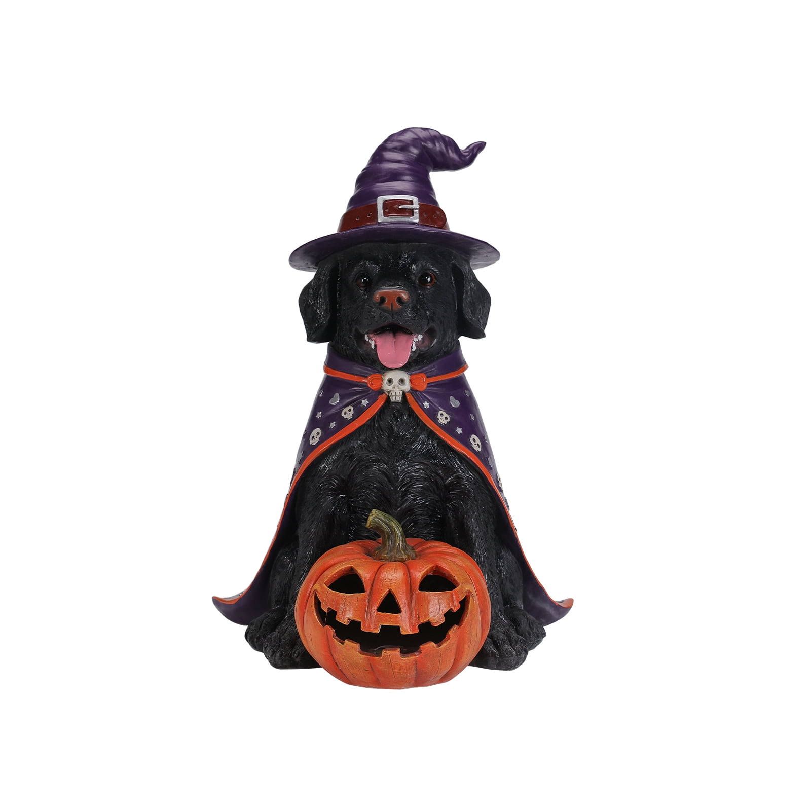Black Labrador Witch Halloween Statue, LED Light-Up Pumpkin, Resin Sculpture, Seasonal Decor