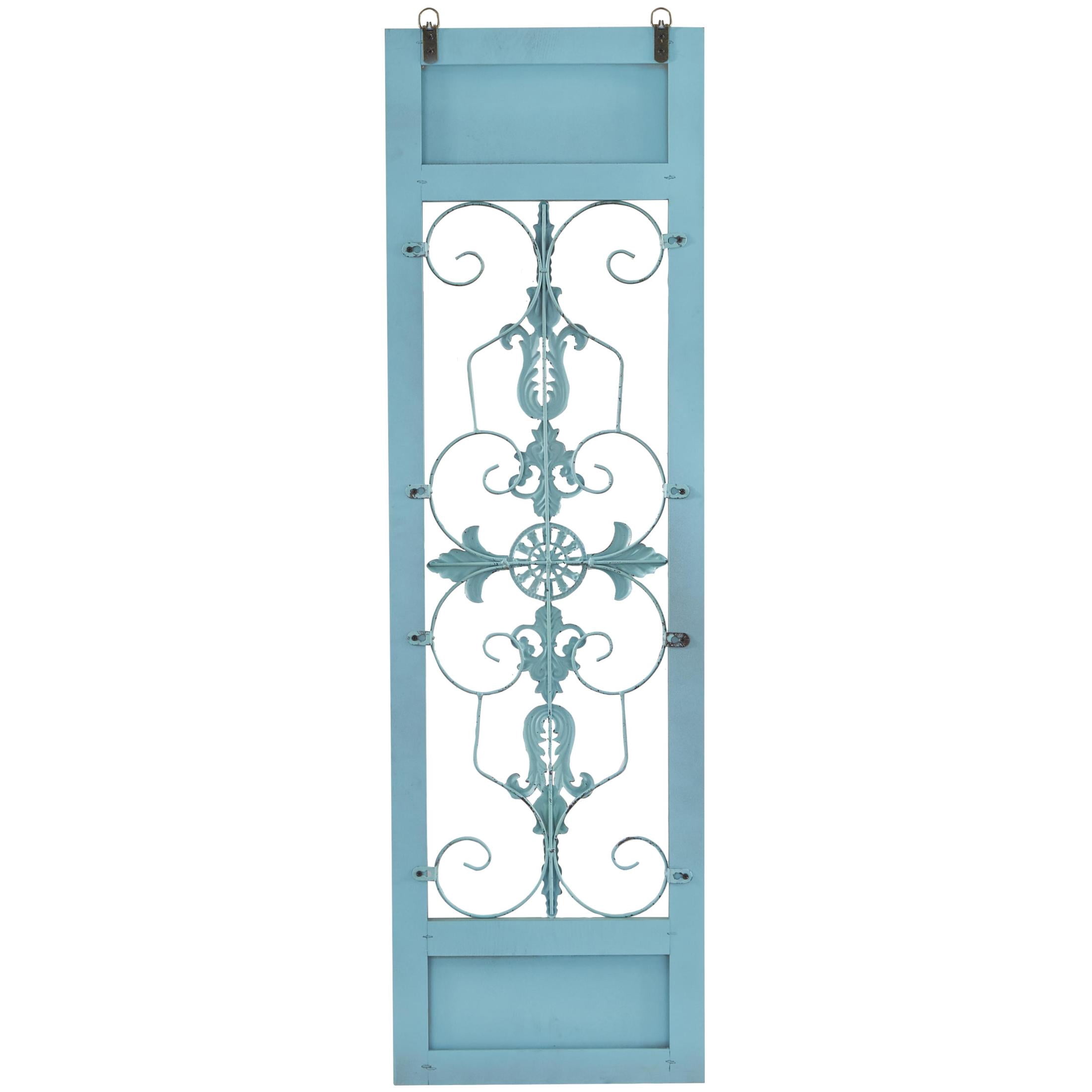 DecMode Teal Wood Arabesque Scroll Wall Decor with Metal Fleur De Lis Relief
