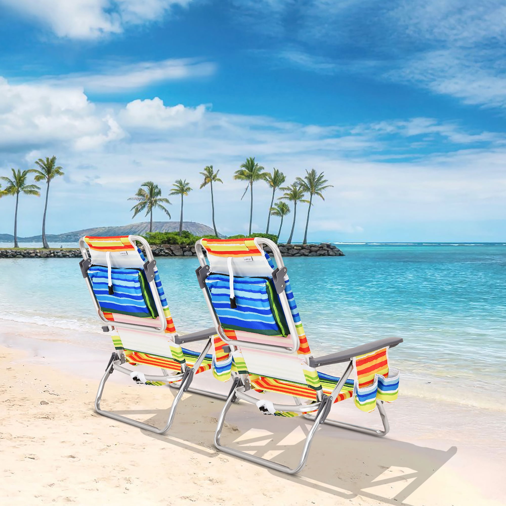 Costway 2-Pack Folding Backpack Beach Chair 5-Position Outdoor Reclining Chairs with Pillow Yellow