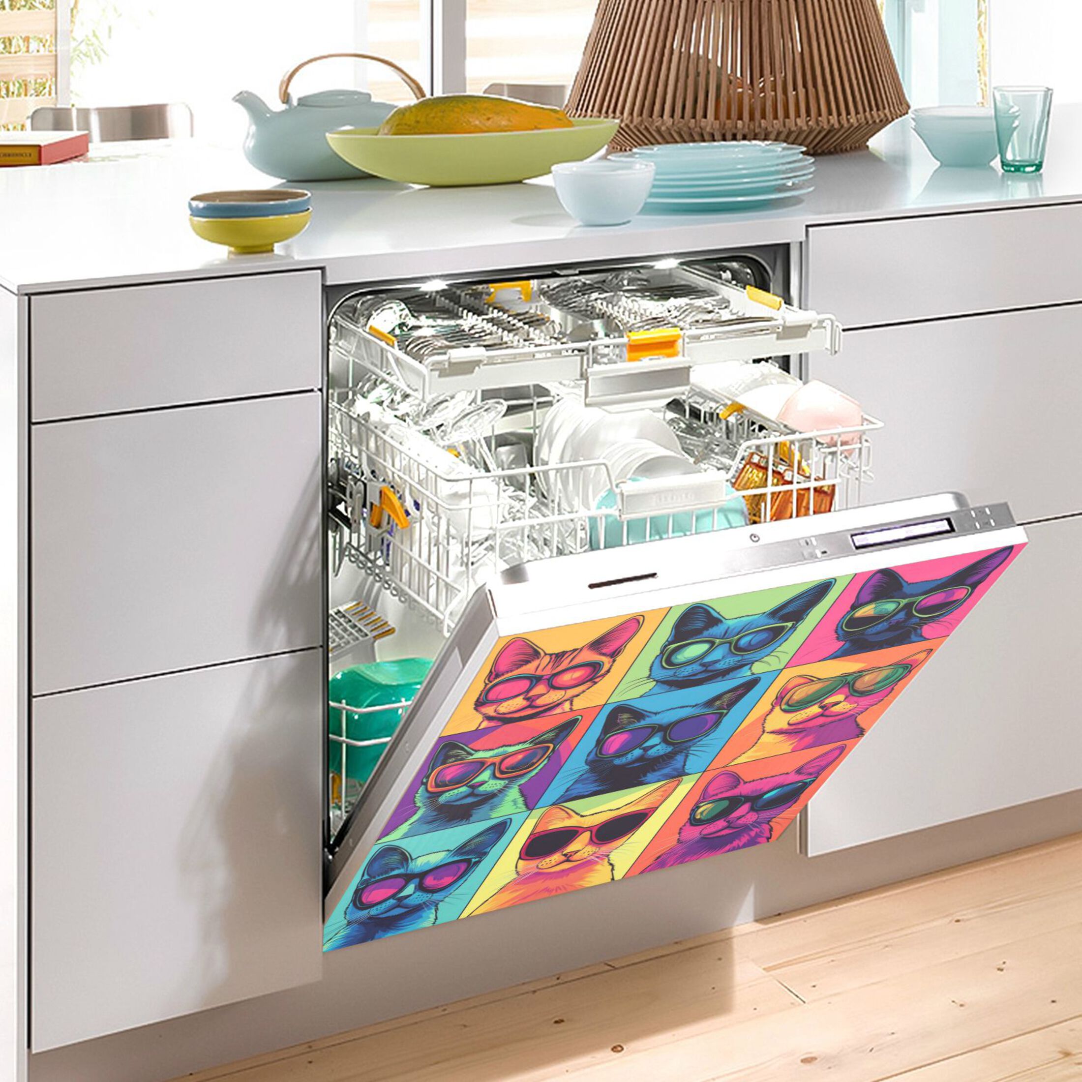 Dishwasher Magnetic Refrigerator Magnet Cover Sticker Home Decorative 23"x26" Colorful Cyberpunk Cats