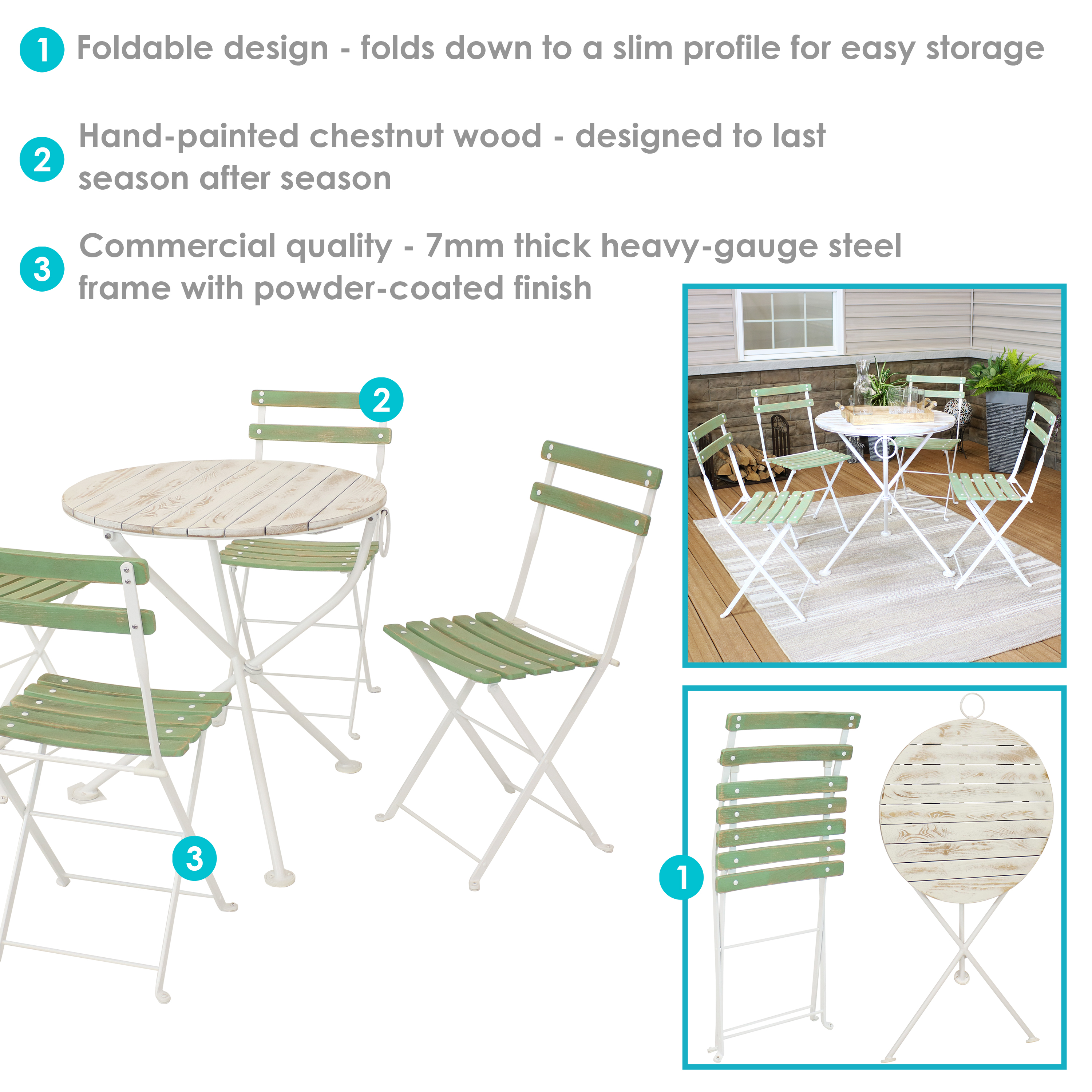 Sunnydaze Indoor/Outdoor Classic European Café Chestnut Wood Folding Bistro Table and Chairs - Antique Green - 5pc - image 4 of 9