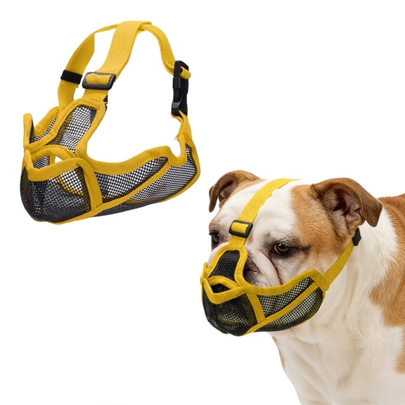Uxcell Short Snout Dog Muzzles, Adjustable Mouth Cover for Dogs (M,Yellow) Breathable Soft Mesh Muzzle for Anti-Biting Chewing and Barking Flat Face French Bull Dog Grooming Walking