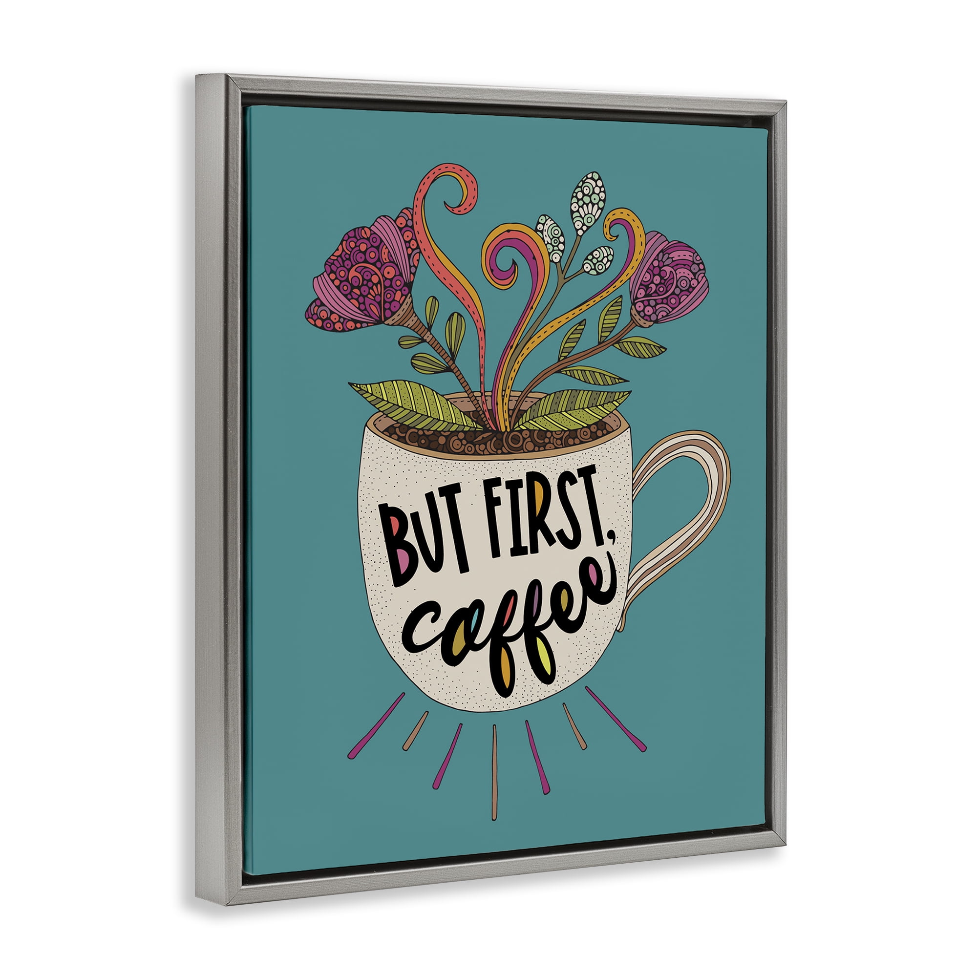 Stupell Industries First Coffee with Florals Botanical & Floral Painting Gray Floater Framed Art Print Wall Art, 17 x 21