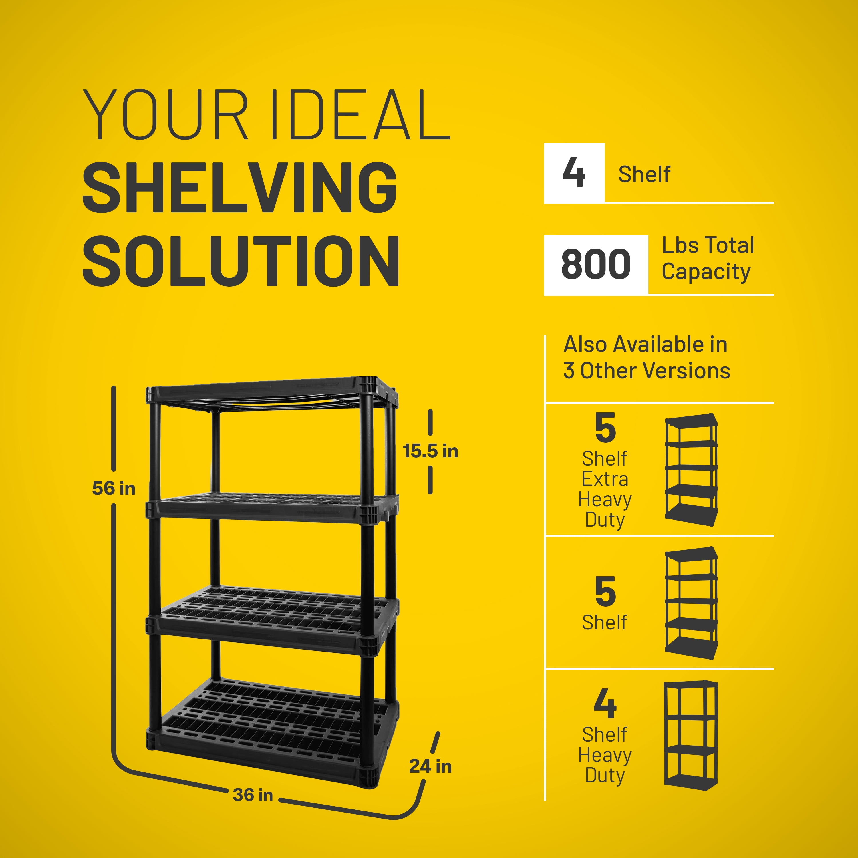Plano 4-Shelf Extra Heavy Duty Plastic Storage Shelf Unit, 56” x 36” x 24”, 800lb Capacity