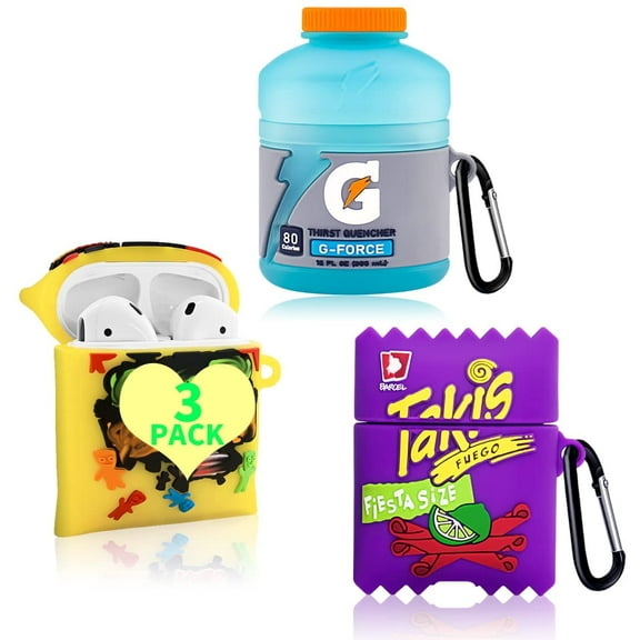 [3Pack] Cute Cover for Airpod 2/1 Food Airpods Case, 3D Kawaii Funny Protective Skin Accessories Airpods Silicone Case for Women Girls Boys with Keychain (Takis Potato & Candy & Sport Water)