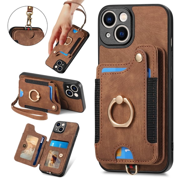 Wallet Case for iPhone 14 Plus, 360 Ring Holder Stand with Card Holder Premium Retro Leather Shockproof RFID Blocking Magnetic Clasp Hand Strap for Women Men For iPhone 14 Plus, Brown