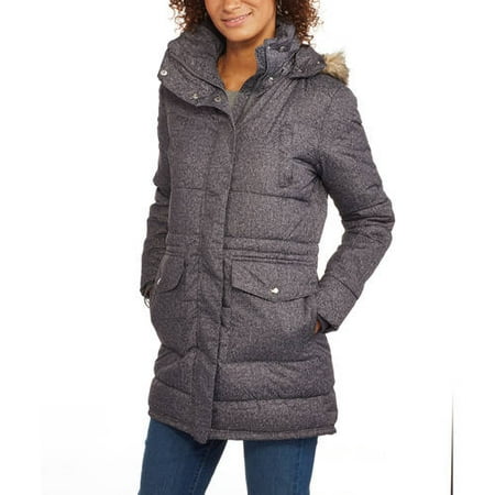 Women's Long Tweed Puffer Coat With Fur-Trimmed Hood