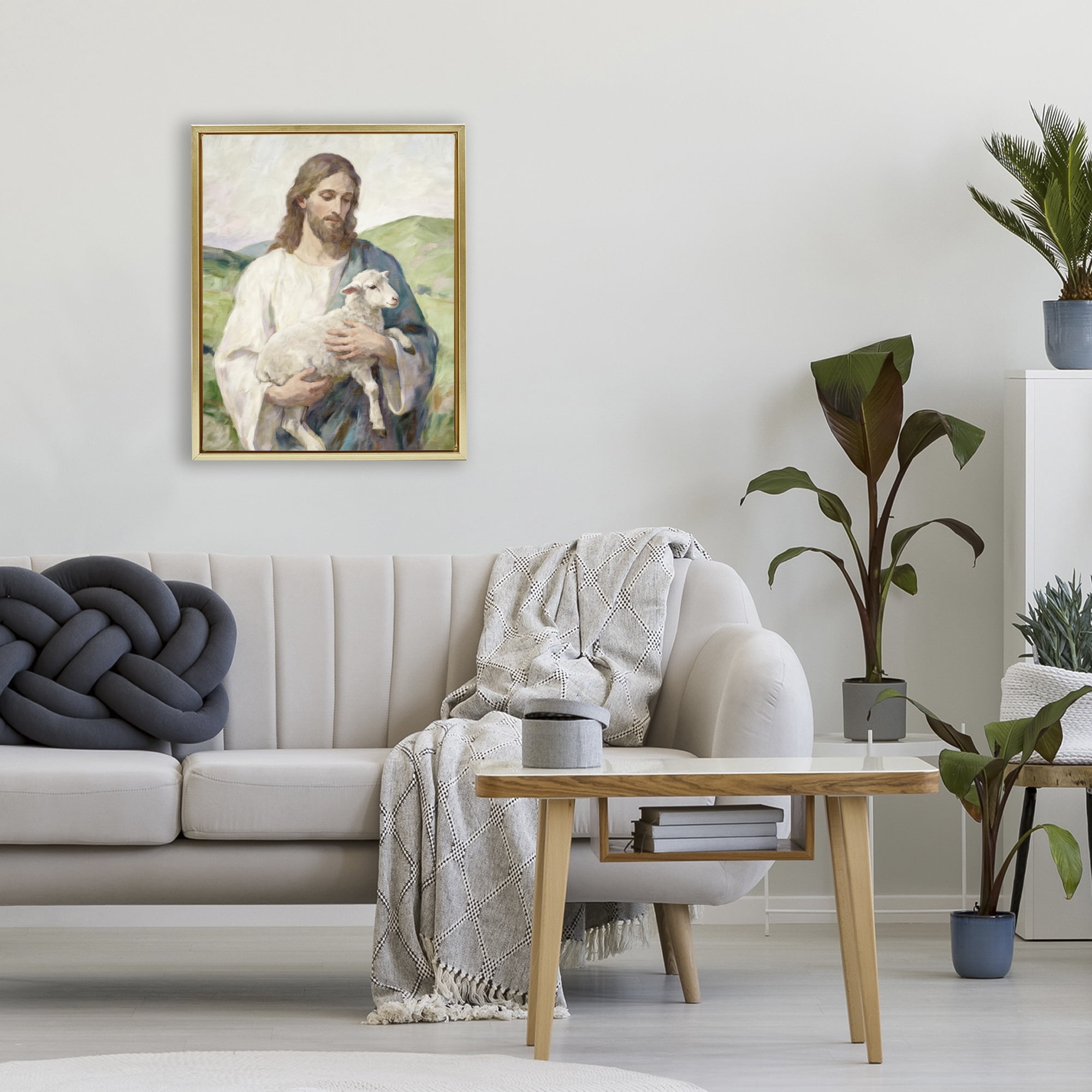 Stupell Industries Little Lamb & Spiritual Figure Gold Framed Floater Canvas Wall Art, design by Kim Allen