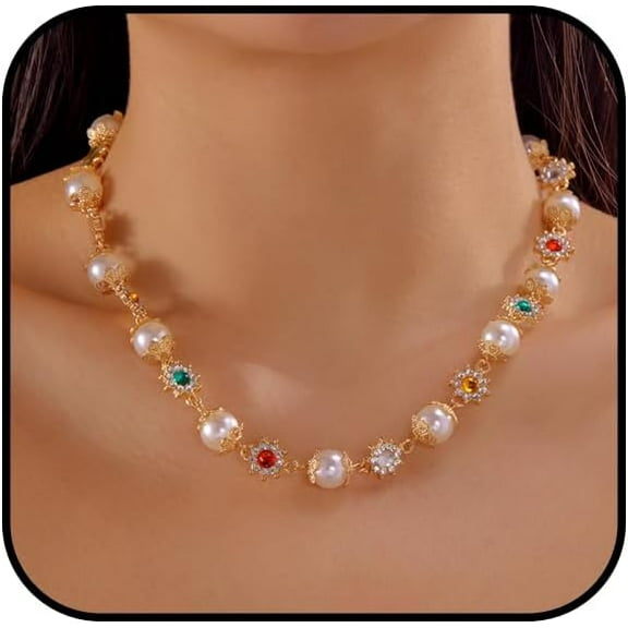 Pearl Choker Necklace Daisy Necklace for Women Cute Rhinestone Flower Faux Pearl Choker Colorful Beaded Statement Necklaces Fashion Wedding Bridesmaid Party Jewelry