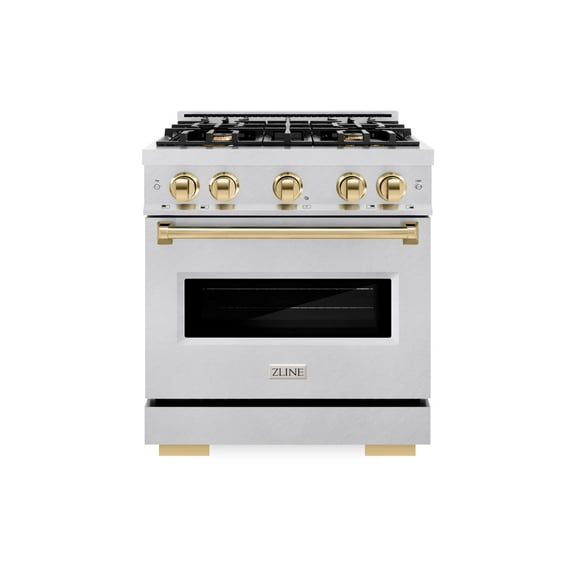 ZLINE Autograph Edition 30 in. 4.2 cu. ft. Classic Gas Range with 4 Burner Cooktop and Convection Gas Oven in DuraSnow Stainless Steel and Polished Gold Accents (CGRSZ-30-G)