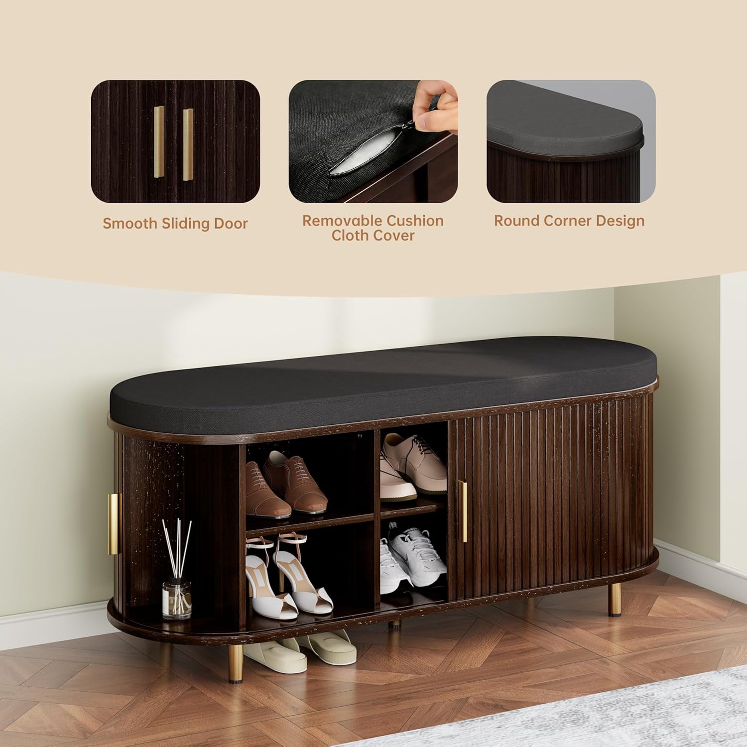 43.3" Storage Bench 2-Tier ,Wide Shoe Bench with Thickened Padded Seat Cushion, Fluted Sliding Door and Adjustable Shelf, for Entryway, Living Room, Bedroom, Dark Walnut