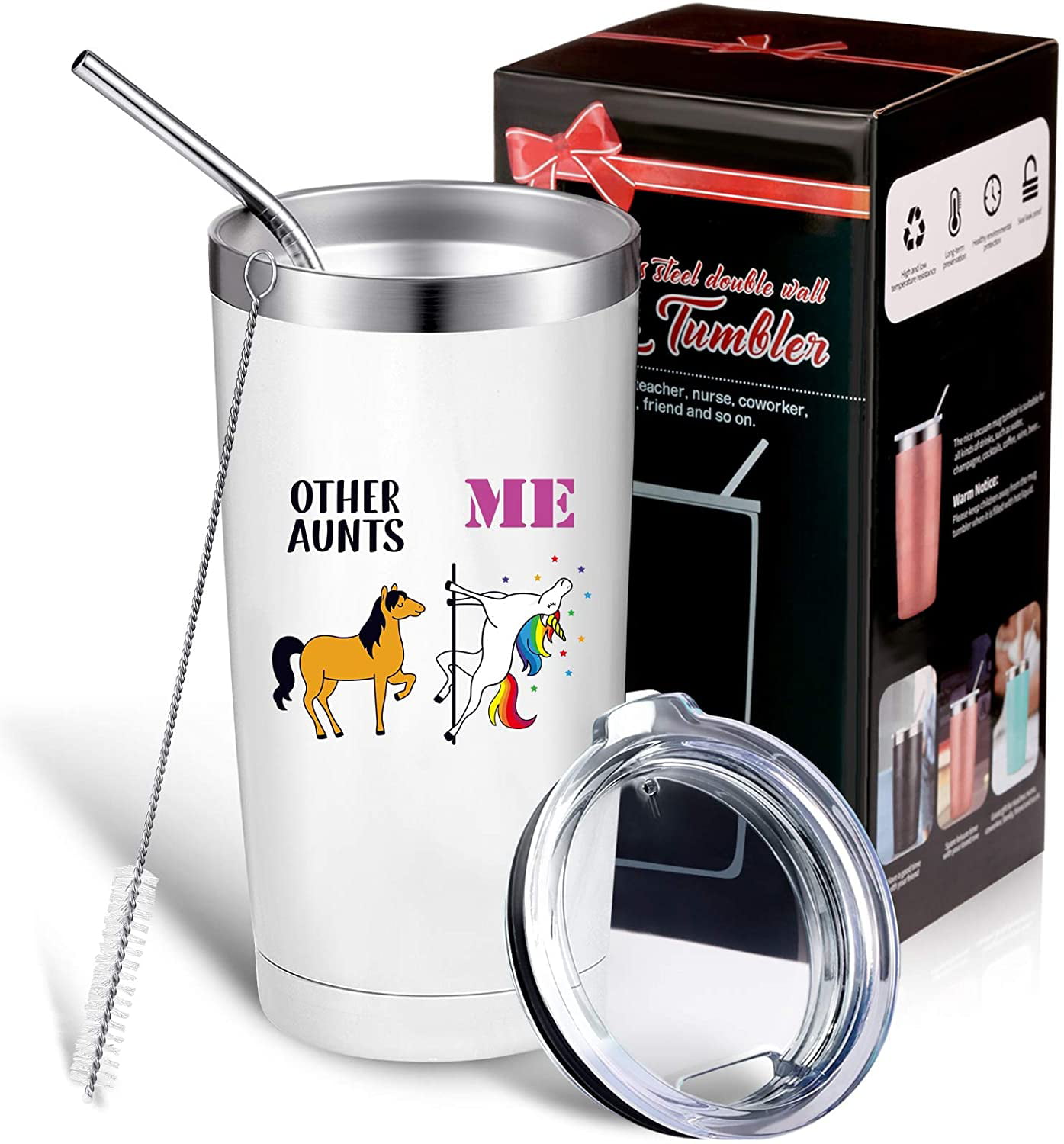 12 oz Wine Tumbler with Straw Lid and Brush Best Aunt Ever Birthday Gifts for Women Aunt Gifts from Niece Sister Great Auntie White Nephew Funny Aunticorn Coffee Mug Sister in Law 