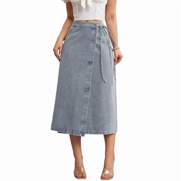 Women'S Denim Maxi Skirt Fashion Summer Casual A-Line Tie Waist Jeans Skirt with Pockets Light Blue L