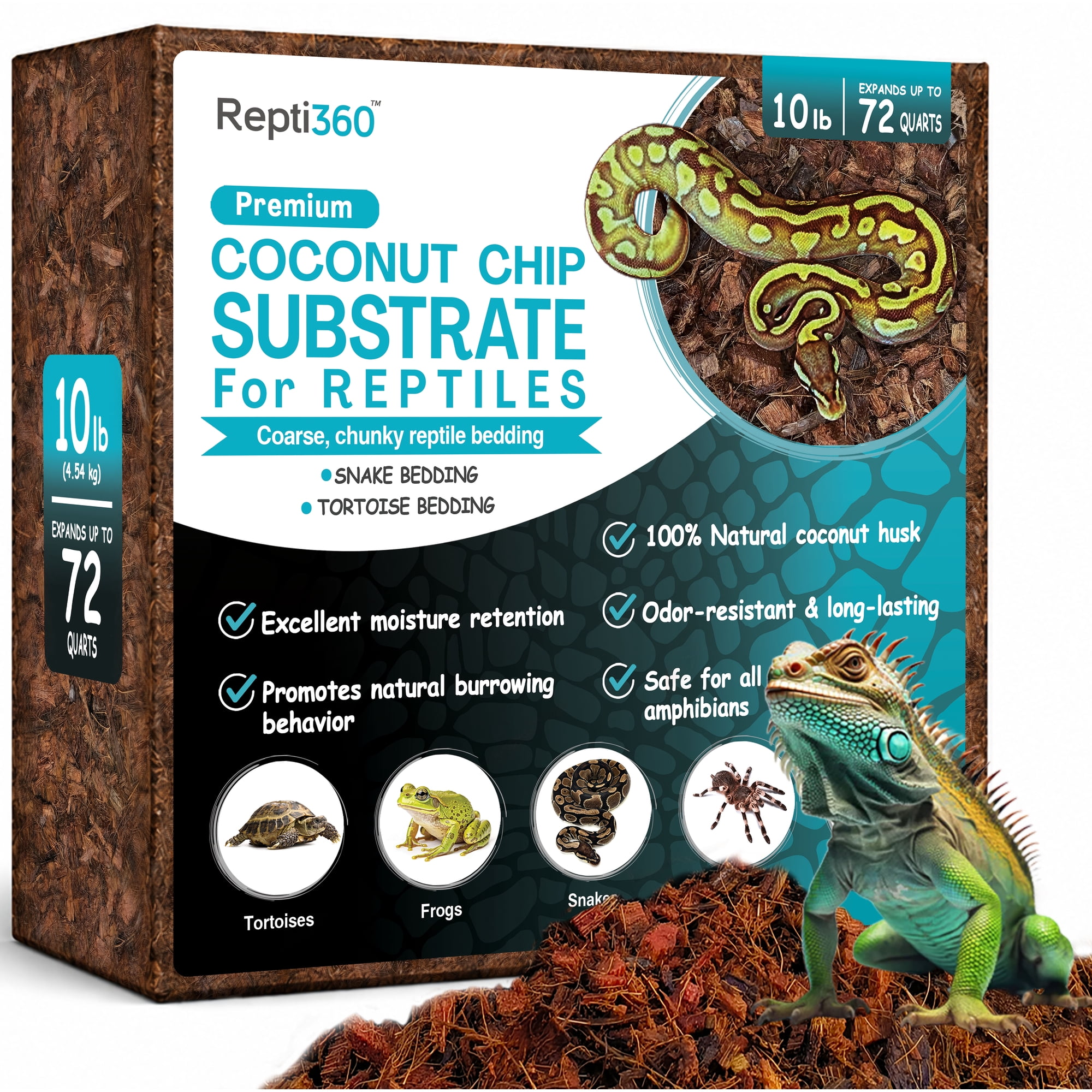 Premium Coconut Chip Substrate for Reptiles – 10 lb Compressed Coco Husk Block, Expands to 72 Quarts, Natural Reptile Bedding for Ball Python, Bearded Dragon, Tortoise & Snake Tanks