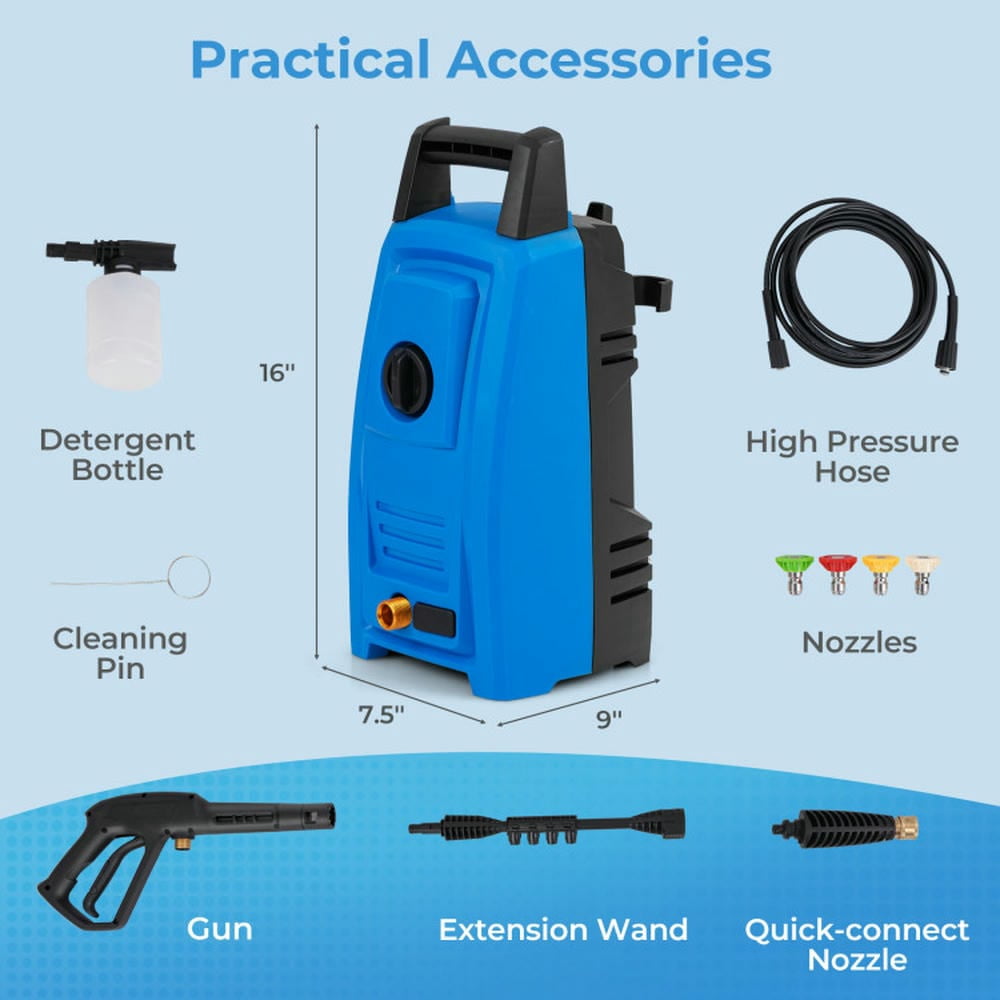 Topcobe 1900 PSI 1.8 GPM Electric Pressure Washer with 4 Quick Connect Nozzles, Practical Tools, High Quality-Blue