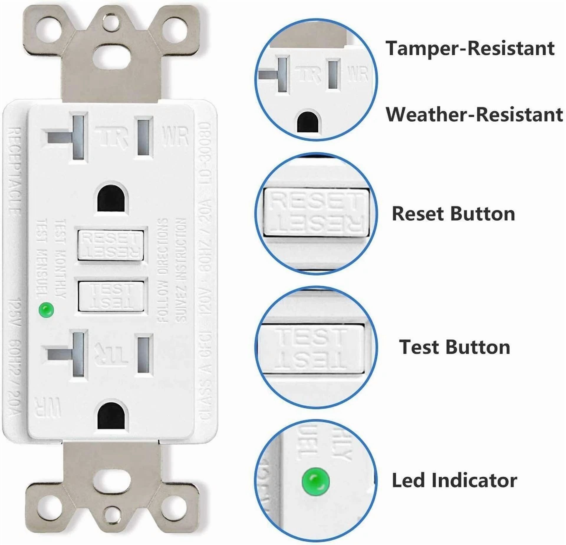CIRCLE- 20 Amp Gfi Outlet Duplex Receptacle Ground Fault Circuit Interrupter Tr Wr Etl