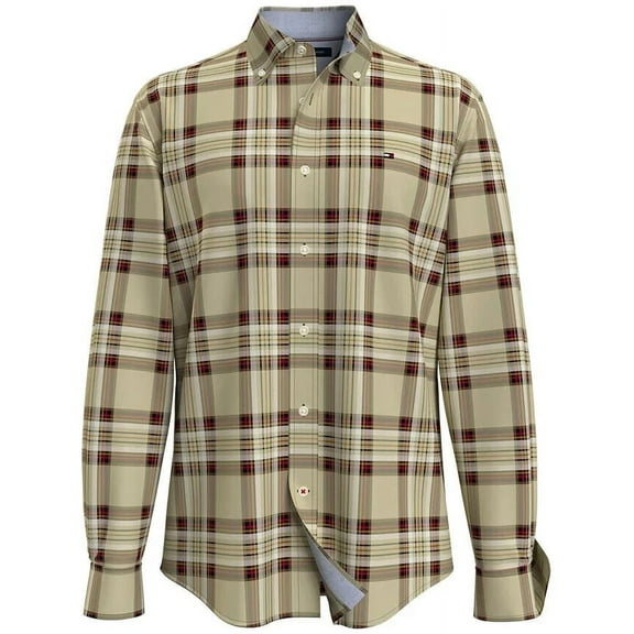 Tommy Hilfiger Men's Th Flex Brushed Twill Tartan Classic Fit Shirt in Gravel-Sm