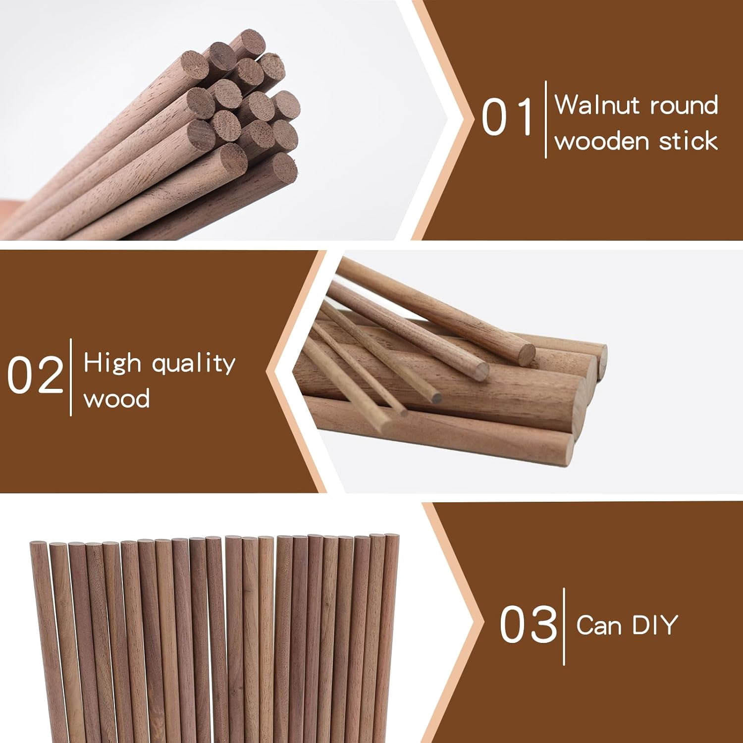 10 PCS Wooden Dowel Rods for Crafts Round Unfinished Walnut Dowel Rod Sticks Hardwood Sticks for DIY Crafting Woodworking and Building Model Material, (3/8 x 12 Inch)