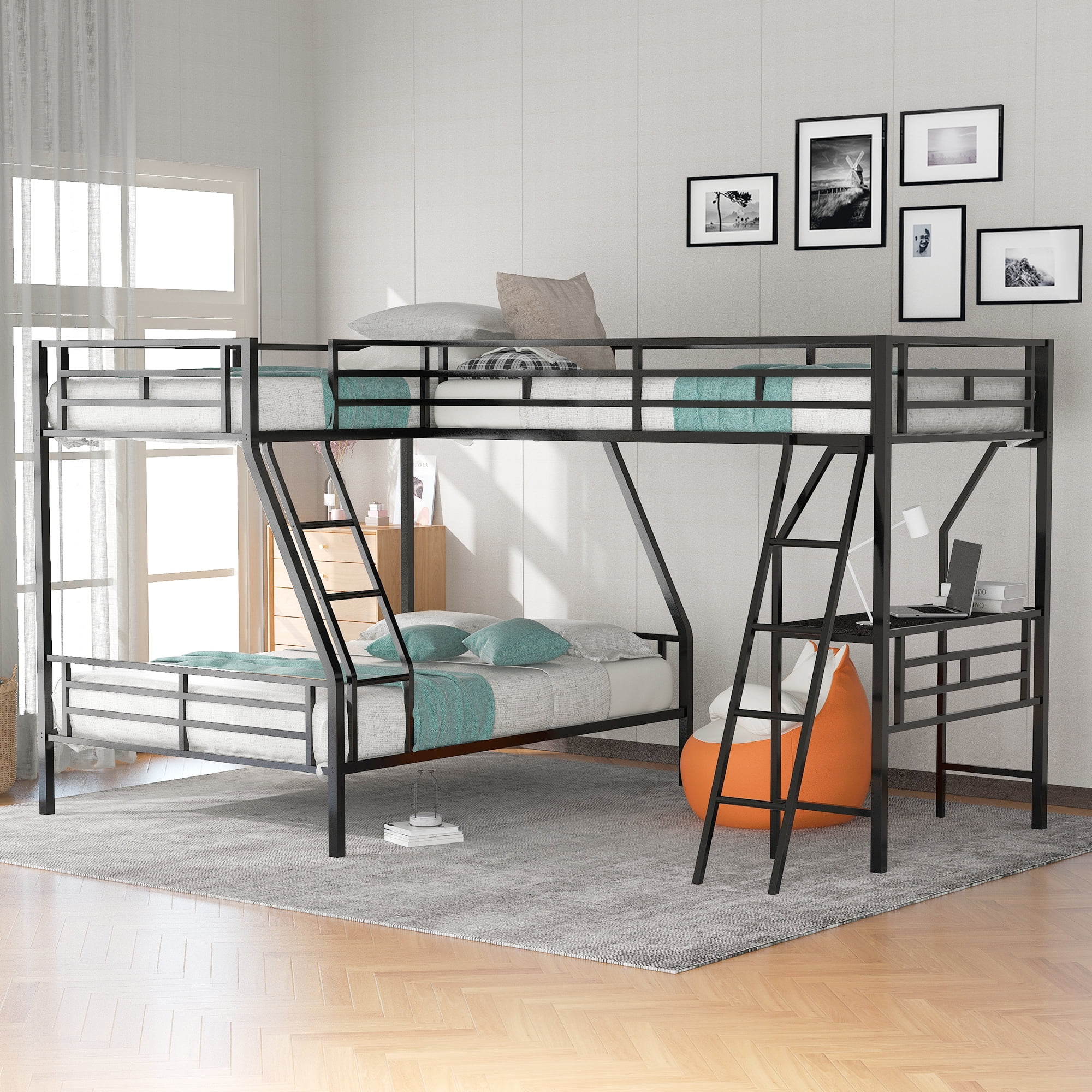 het winkelcentrum systematisch politicus Metal Triple Bunk Bed with Desk, L-Shaped Bunk Bed Frame with Loft Bed  Attached for 3, Twin & Twin Over Full Corner Bunk Beds with Guardrails and  Ladders, No Box Spring Needed,