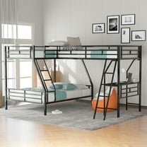 Twin Over Full Bunk Bed Attached Twin Loft Bed with Desk, Metal Triple Bunk Beds, L-Shape Triple Beds Frame with Ladders and Guardrails, Safe Design