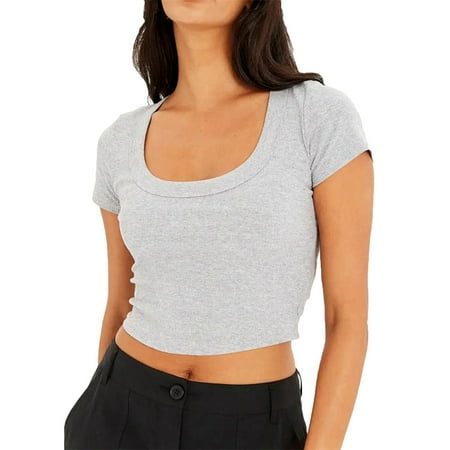 Riforla Women s Sexy U Neck Halter Top Short Sleeved Slim Fit T Shirt Basic Top Corset Camisole Short Shirt Turtle Neck Tee Grey L