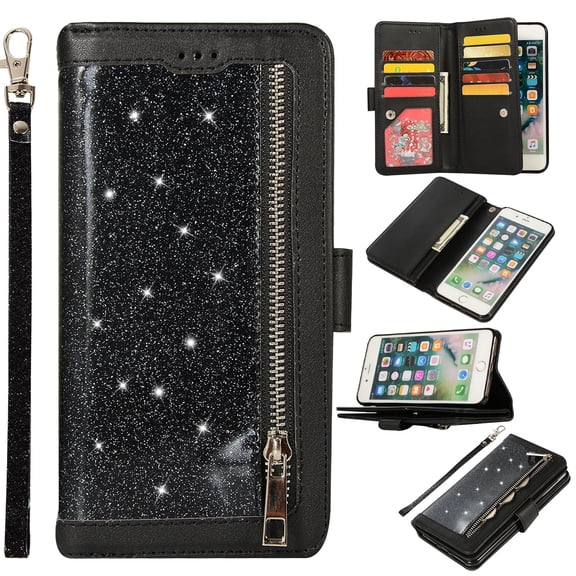 Zipper Wallet Case for iPhone 8 Plus iPhone 7 Plus 5.5-inch, Allytech Bling Glitter Leather Case with 9 Credit Card Holder Flip Magnetic Closure Stand Cover with Cash Pocket and Hand Strap, Black