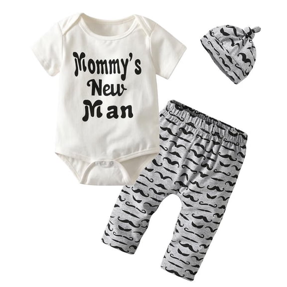 Newborn Infant Baby Boy Clothes Letter Short Sleeve Romper Pants Hat 3PCS Outfits Set Gray