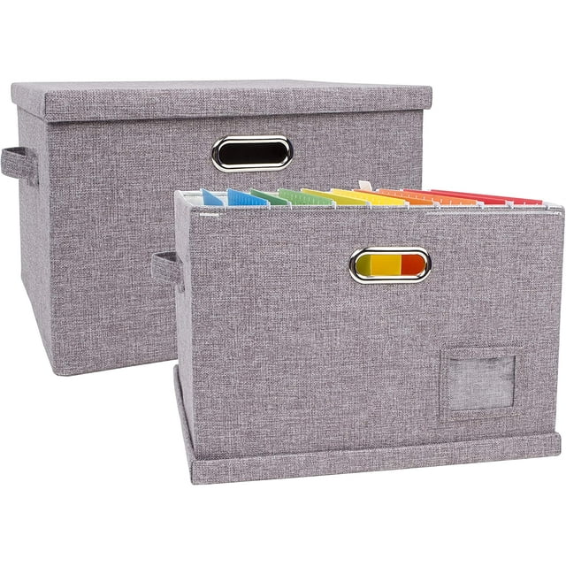 Collapsible Linen File Organizer Box, Easy To Slide File Folders, Compatible with Letter/Legal Hanging Filing Organization,Durable File Storage Organizer for Office Work/Home/Decor (Gray, 2 Pack)