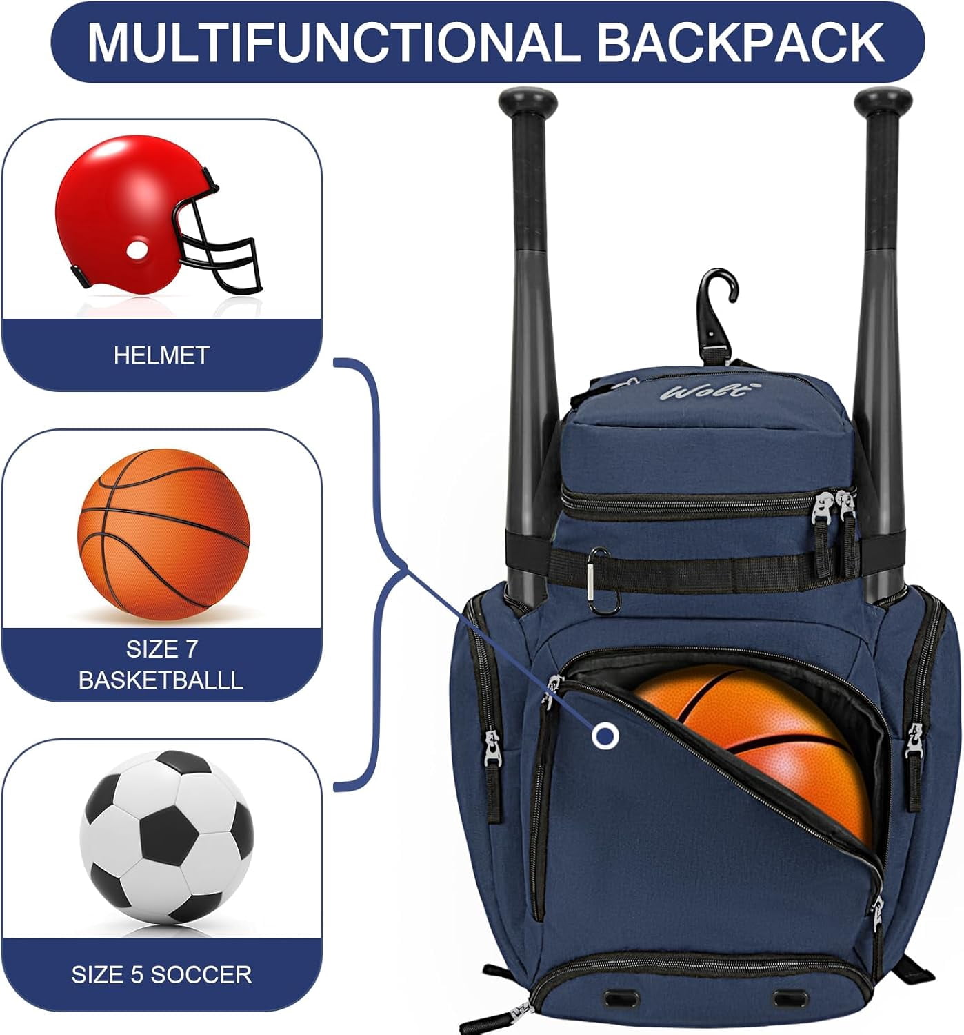 WOLT Baseball Bag Backpack for Youth Boys Adults Baseball Bag Multifunctional Sport Backpack for Ball Darkblue