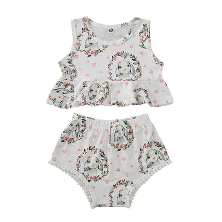 

GWAABD Little Girls Clothes A Cotton Blend Toddler Girls Sleeveless Tops Cartoon Rabbit Prints Summer Short Pants Romper Outfits 68