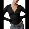 thumbnail image 2 of Camisetas Henley de Larga para Mujer, -Otoño 2025, de Punto Acanalado con Botones, Corte Entallado, Blusas Básicas Informales. Negro M, 2 of 7