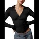 thumbnail image 2 of Camisetas Henley de Larga para Mujer, -Otoño 2025, de Punto Acanalado con Botones, Corte Entallado, Blusas Básicas Informales. Negro M, 2 of 7
