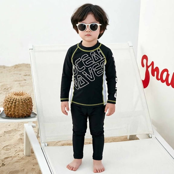 Trendfront Toddler Boys Swimwear Crew Neck Long-Sleeve Rash Guard Top and Swimming Pants Anti UV Pool Water Sportswear Pack