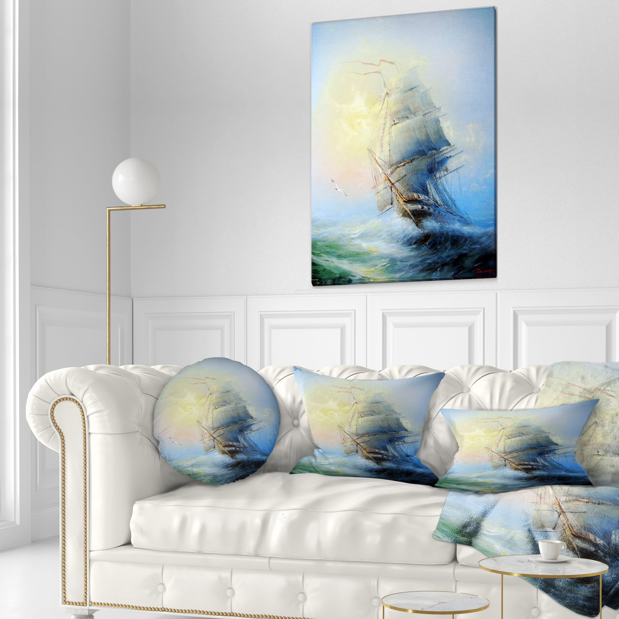 Designart Large Sailing Boat - Seascape Throw Pillow - 12x20