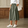 thumbnail image 5 of Women's Cotton Linen Midi Skirts Elastic Waist Front Button Solid Color A-Line Skirts Loose Causal Going Out Skirts with Pockets, L, 5 of 6
