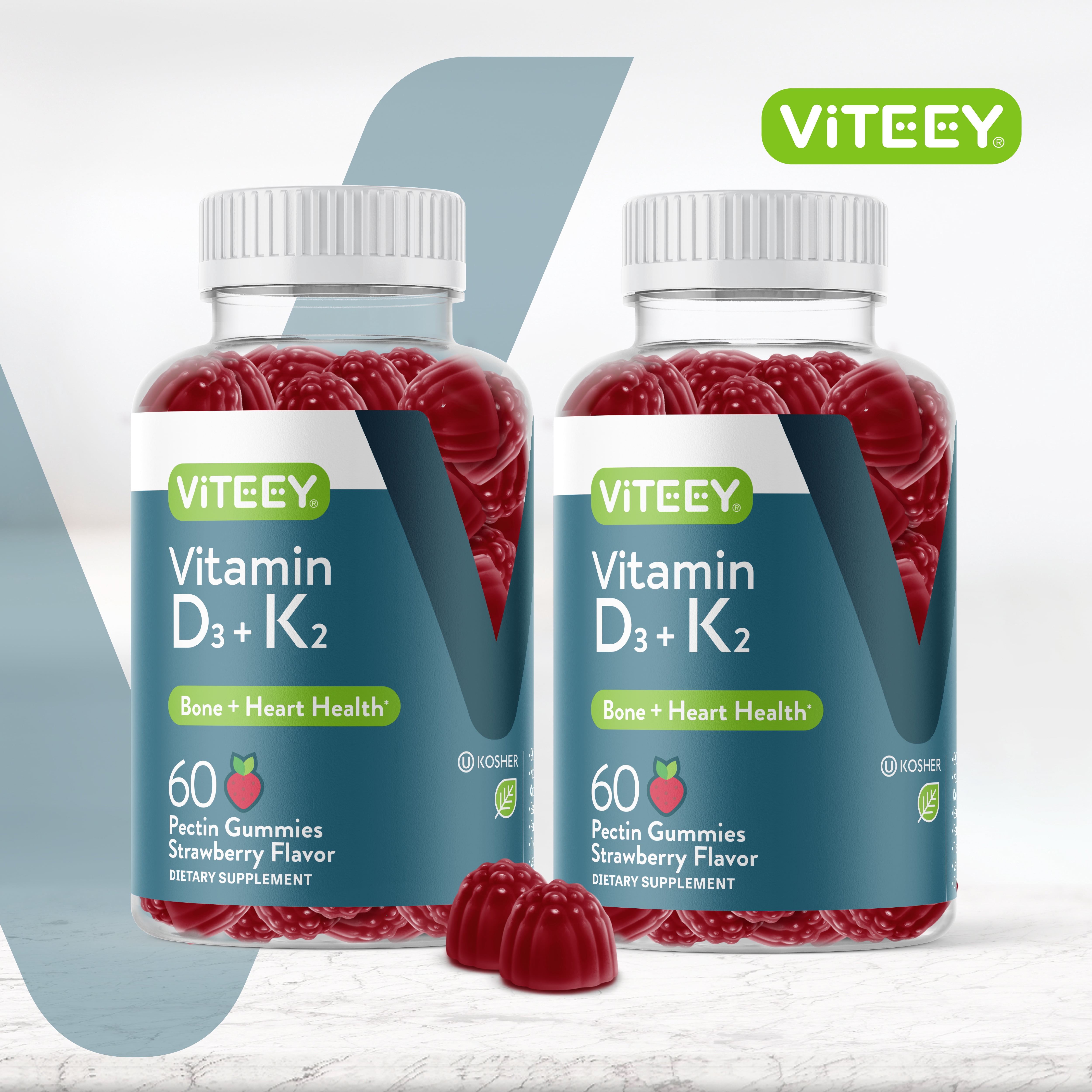 VITEEY Vitamin D3  K2 Gummies, Bone and Heart Support, Strawberry Flavor, 60 Count, 2 Pack