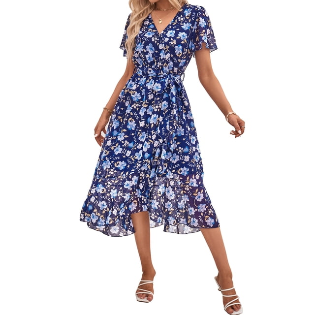 Vestido PRETTYGARDEN Cruzado con Cuello en V, Floral, con Cinturón, Talla M