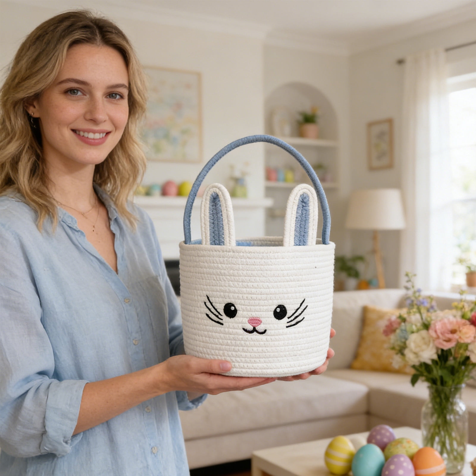 Lunxisen 3 Pcs Easter Storage Basket Hand-woven Decorative Home Organizer Holiday Decor Rabbit Shape Woven Bin