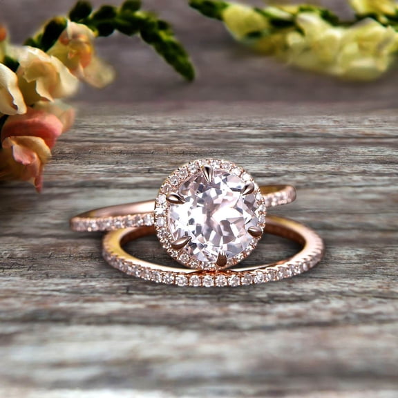 2.25 Carat 6mm Round Morganite Bridal Set 10k Rose Gold Engagement Ring Halo Stacking Matching Band Promise Ring Anniversary Ring Surprisingly Ring