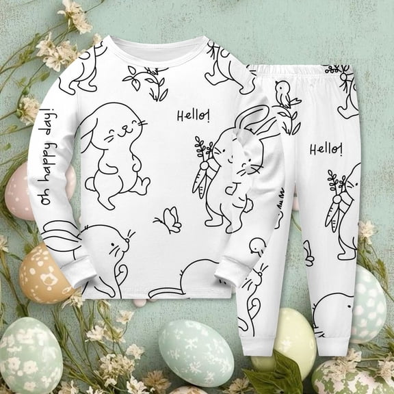 HOWPAY Easter Girls Outfits Bunny Floral Print Crew Neck Long Sleeve Tops and Elastic Jogger Pants Pj Sets Causal Soft 2 Piece Sleepwear White
