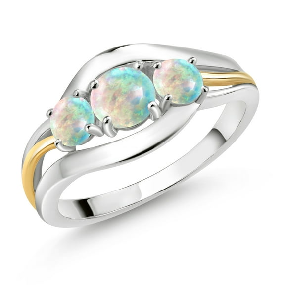 Gem Stone King 925 Sterling Silver and 10K Yellow Gold Round Cabochon White Opal 3 Stone Ring for Women (1.00 Cttw, Size 7)