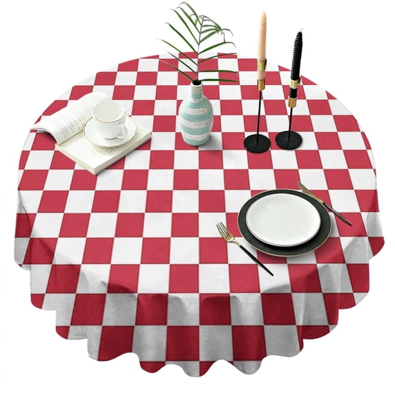 Red and White Checkered Pattern Round Tablecloth 60"x60",Wrinkle Wipeable Table Cloth for Kitchen Dining Room Picnic Patio Party