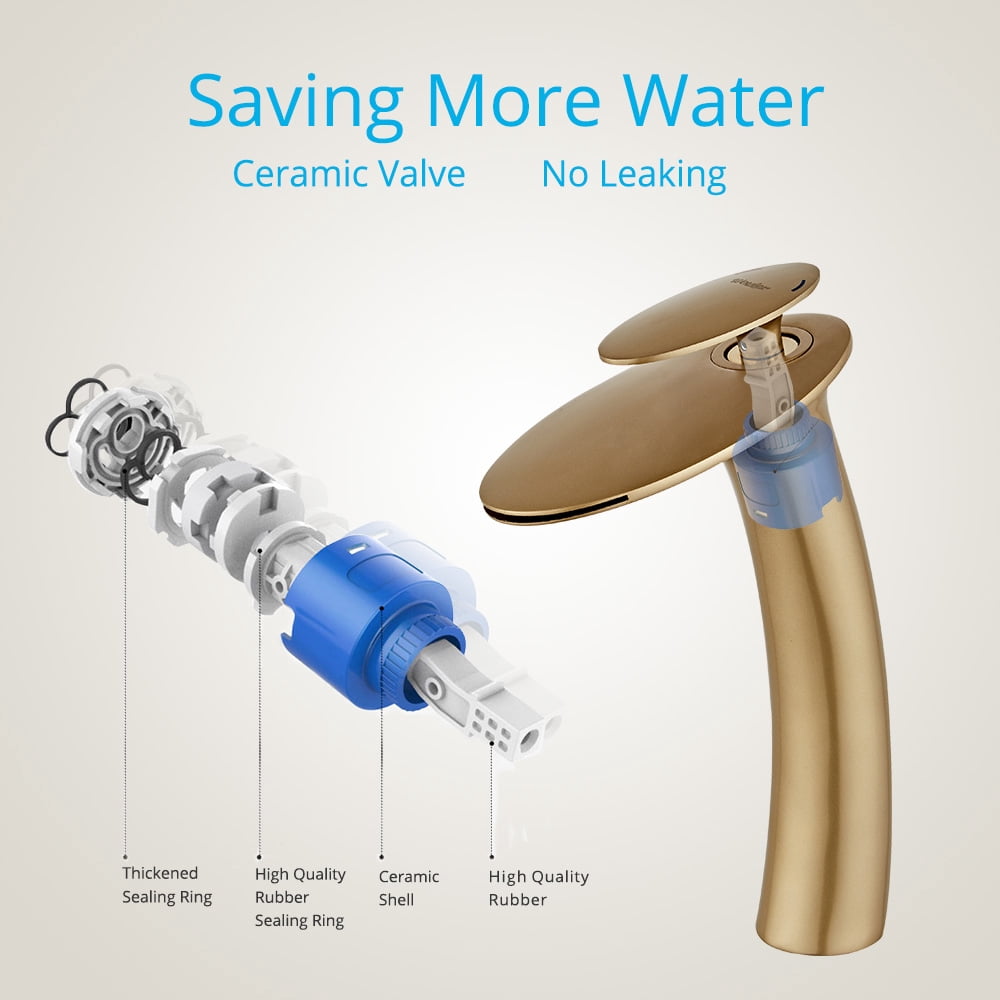 Wovier Matte Gold Waterfall Bathroom Sink Faucet with Supply Hose,Single Handle Single Hole Vessel Lavatory Faucet,Slanted Body Basin Mixer Tap Tall Body