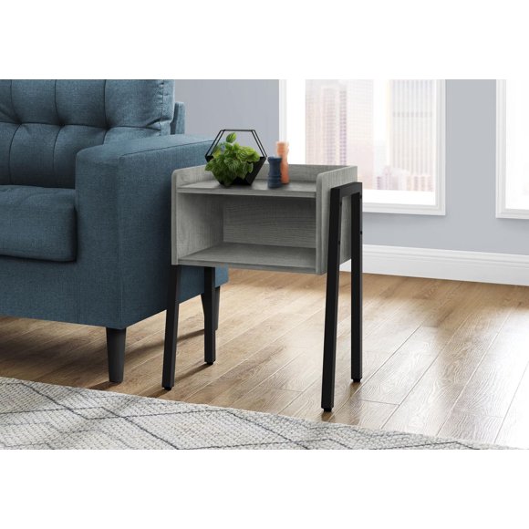 Monarch Specialties Accent Table, Side, End, Nightstand, Lamp, Living Room, Bedroom, Grey Laminate, Black Metal, Contemporary, Modern