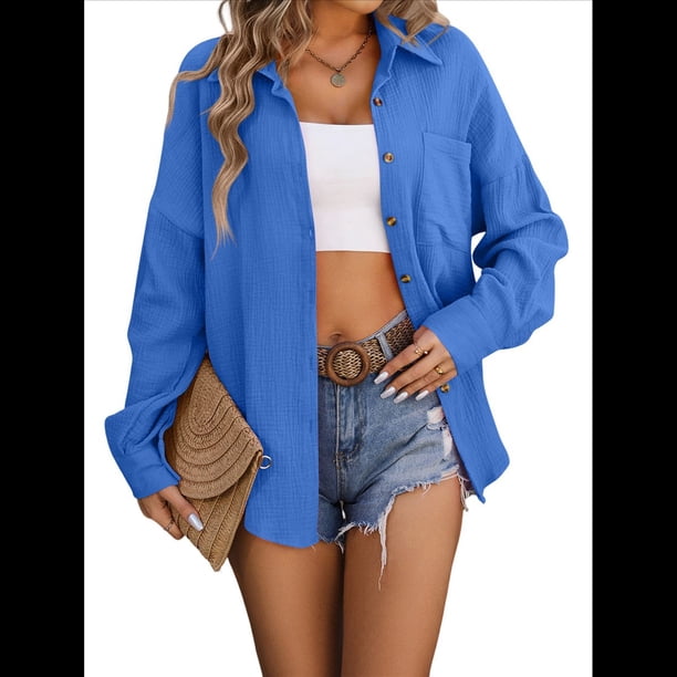 Camisas de Mujer con Botones, Larga, Estilo Boyfriend, Cuello y Bolsillos. Azul Oscuro M